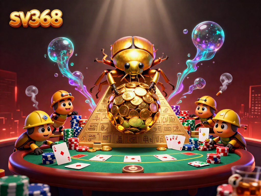 Engage with the sv368 casino scene showcasing a golden beetle theme with poker elements.
