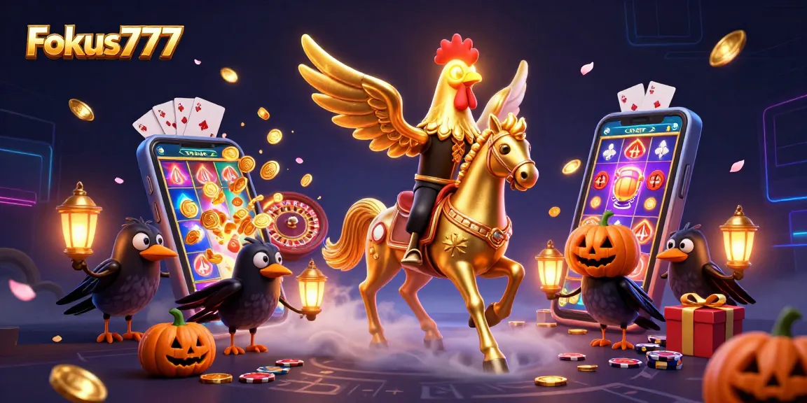Experience thrilling gameplay with Fokus777, a golden rooster in a midnight casino surrounded by dynamic slot game elements.