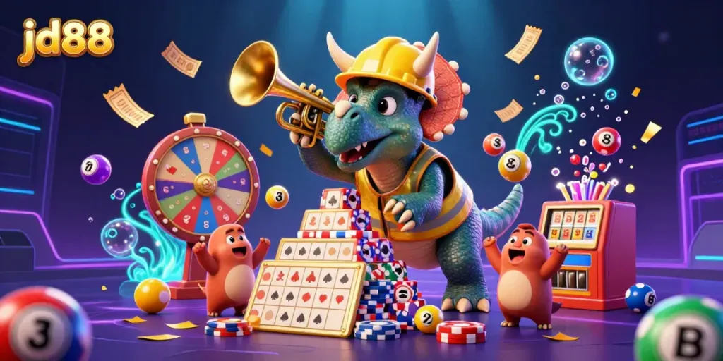 Experience jd88 with a triceratops building poker chips amidst a vibrant casino celebration.
