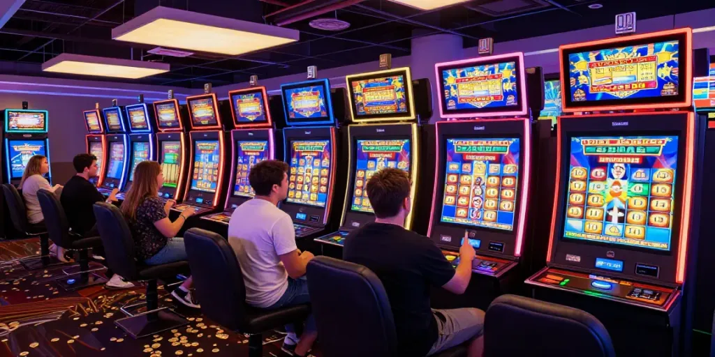 Slot online di kasino, pemain merayakan kemenangan di mesin slot dengan suasana meriah.