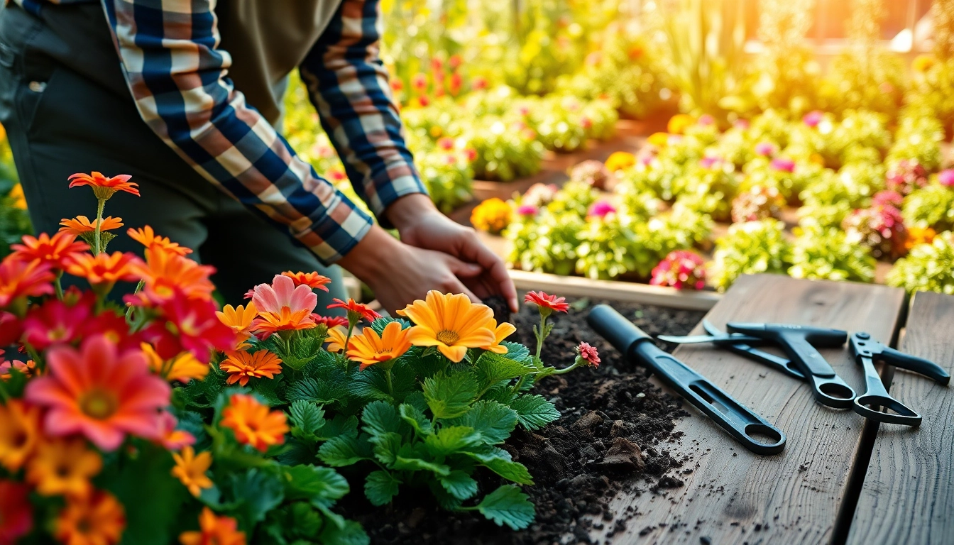 Gardening expert nurturing vibrant plants and flowers in a well-kept garden.