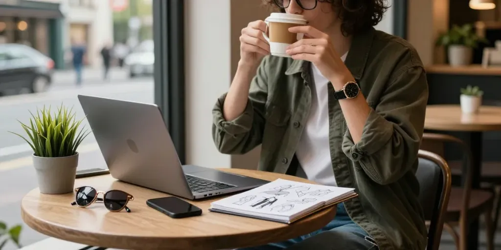 Aktivitas kreatif diana4d di kafe bergaya urban dengan aksesori trendi.
