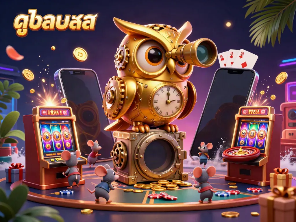 Experience thrilling live sports betting with ดูบอลสด as cartoon owls and mice engage in a vibrant casino.