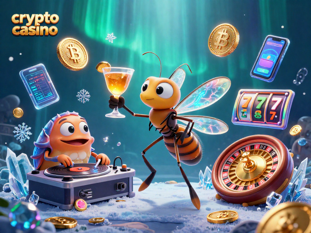 Jeu fascinant sur un crypto casino mettant en scène des personnages animés et des éléments de jeux.