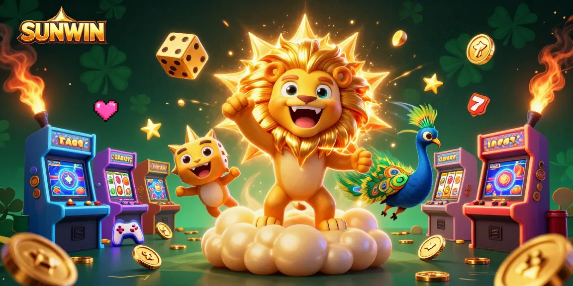 SUNWIN showcases a vibrant casino scene with a lion, golden dice, and exciting game elements.