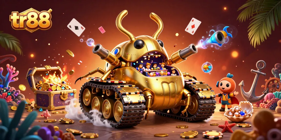 Engage in the thrilling tr88 casino experience with a 3D cartoon golden beetle tank and a mini casino inside.
