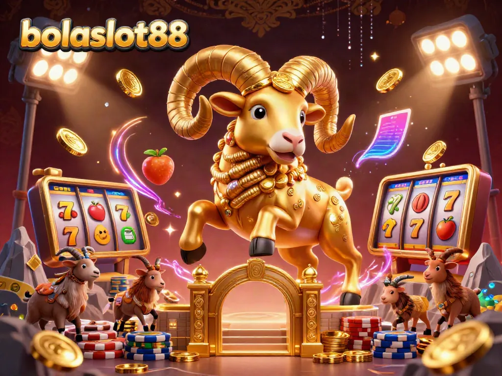 Experience the thrilling world of bolaslot88 with dynamic slot elements and a massive golden ram charging through a golden gate.