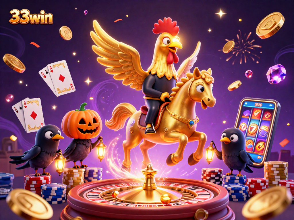Engage with the thrilling world of 33win in this vibrant, detailed 3D casino illustration featuring unique characters and elements.