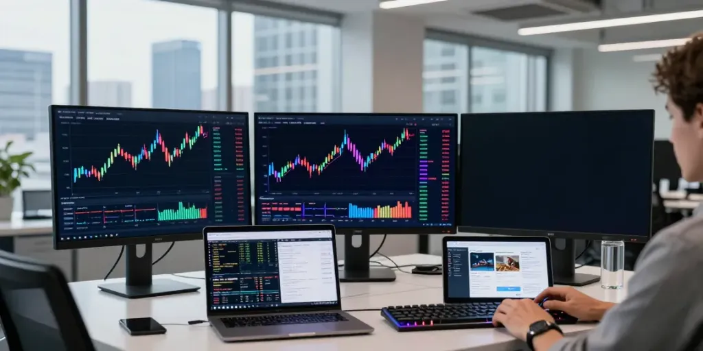 Real-time 外汇API trading setup with multiple monitors, cryptocurrency market graphs, and analysis tools.