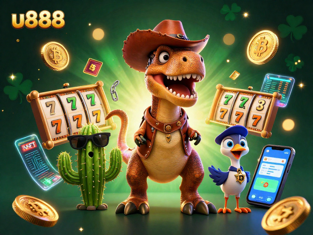 Experience the thrill of u888 casino with vibrant, dynamic 3D illustrations highlighting games and crypto elements.