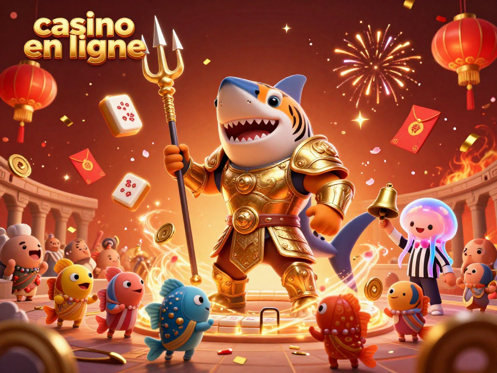 Profitez de l'expérience immersive d'un casino en ligne avec un requin tigre armé et une ambiance festive sous-marine.