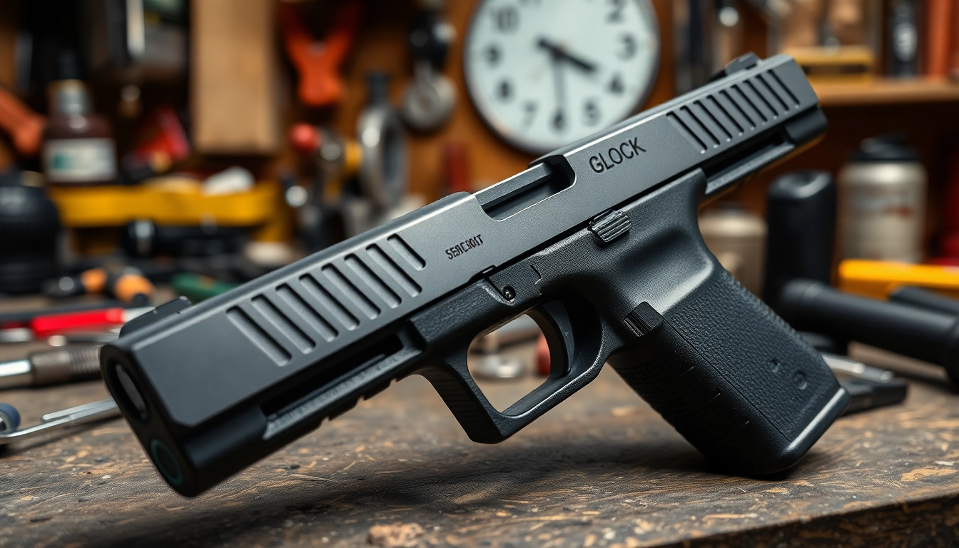 Examine the glock 26 gen 5 slide showcasing precision engineering and craftsmanship in a workshop.