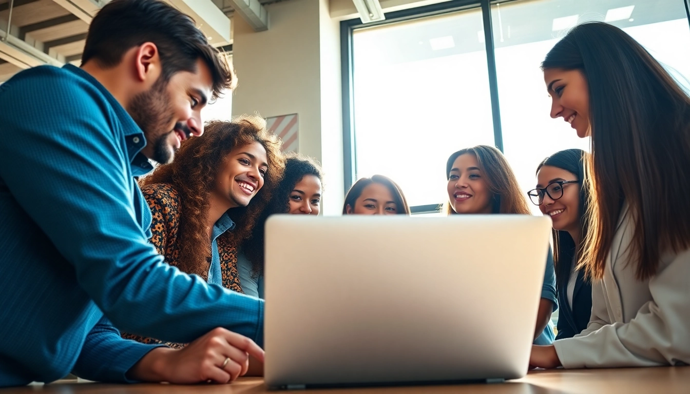 Showcase of a premium Shopify agency team strategizing around a laptop in a bright office.