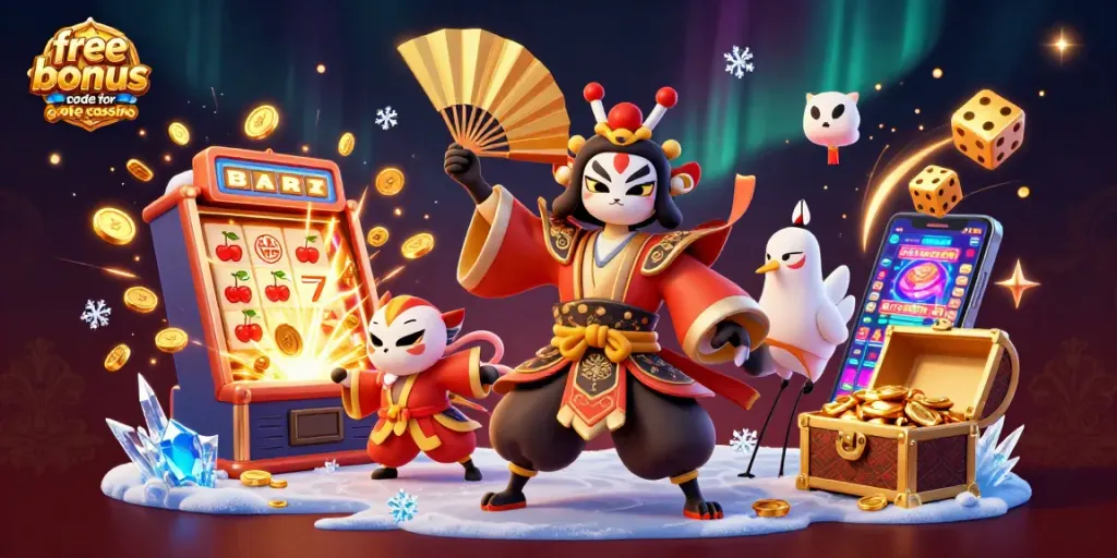 Experience winning with the free play bonus code for cafe casino in an exciting illuminated casino scene.