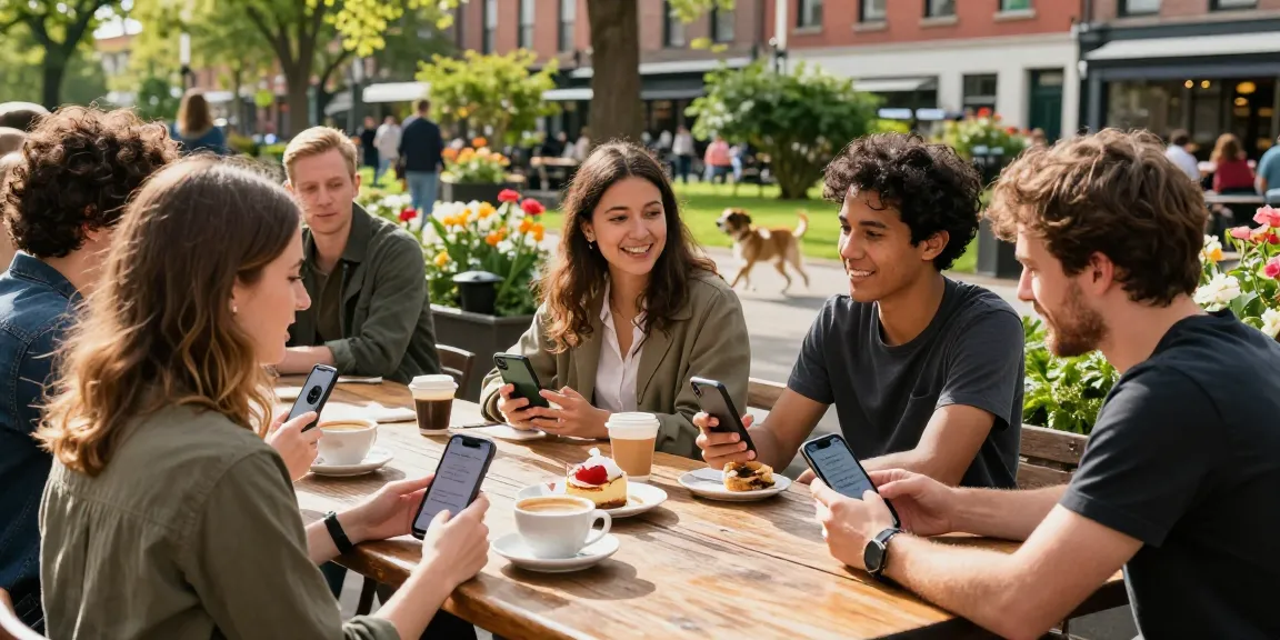 Singles enjoying their connections on the HundRoses app in a vibrant outdoor café.