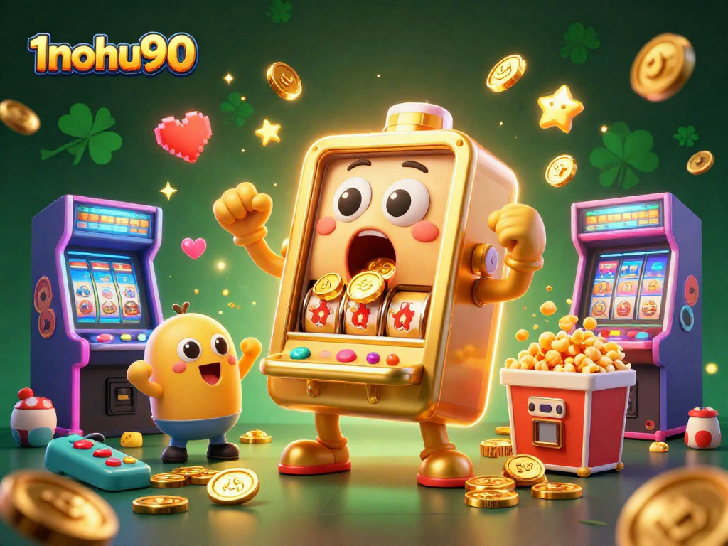 1nohu90 showcases an expressive golden slot machine celebrating a jackpot with coins pouring out, surrounded by baby slot machines and vibrant casino elements.