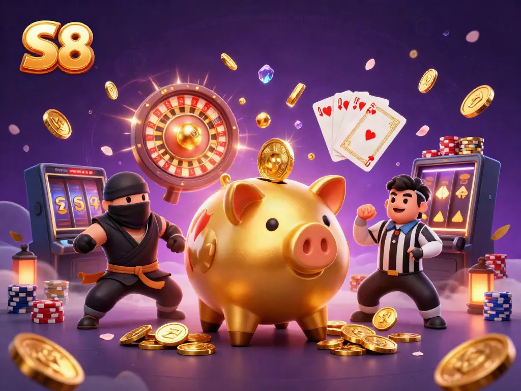 Experience S8's thrilling casino atmosphere with dynamic characters and rich gaming elements in this illustration.