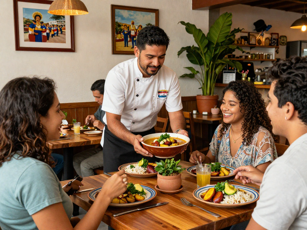 A vibrant dining scene featuring the best sancocho colombiano near me, served in a cozy restaurant filled with happy diners and colorful dishes.