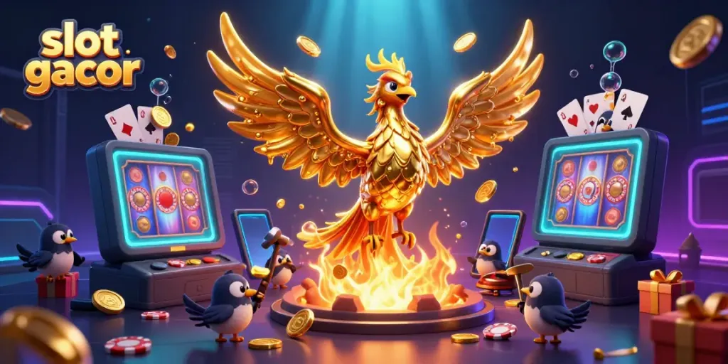Experience the excitement of slot gacor with golden phoenix and smartphone games in vibrant casino scene.
