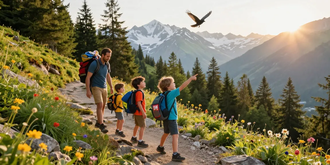 A family adventure featuring mantra88 hikers exploring scenic mountain trails during sunrise, showcasing joy and togetherness.
