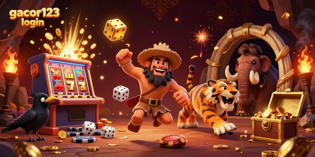 Engage with gacor123 login and discover winning strategies in a thrilling 3D casino scene featuring unique characters and vibrant gambling elements.