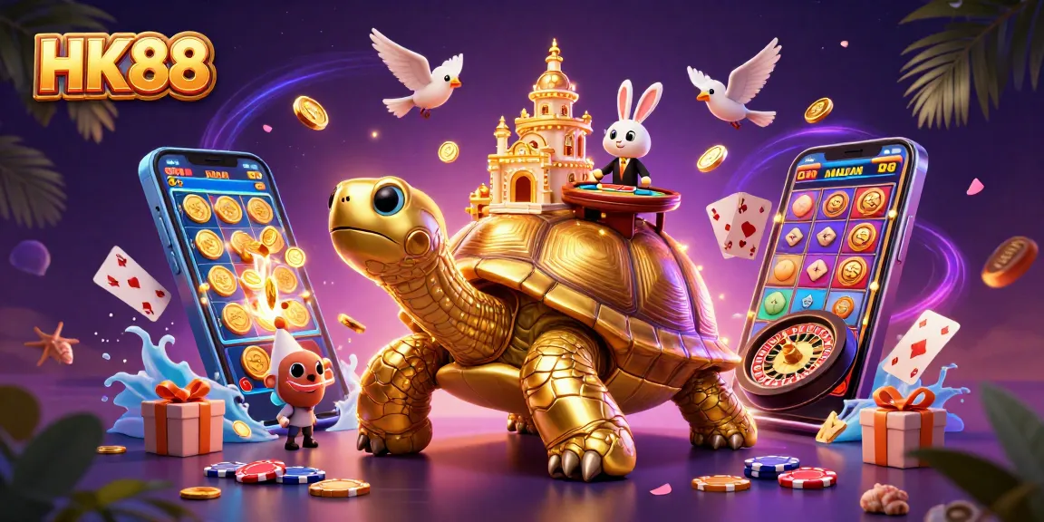 Win big at HK88 with a colorful slot game scene featuring a golden tortoise and rabbit dealer.