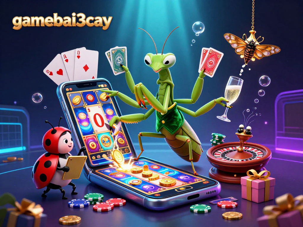 Experience gamebai3cay's vibrant casino scene with a dynamic praying mantis card sharp and ladybug pit boss.