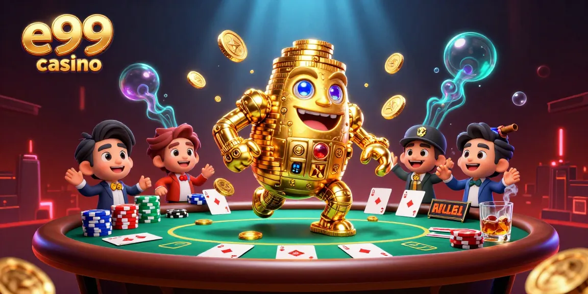 Experience e99 casino gaming thrills with coins, cards, and vibrant lights.
