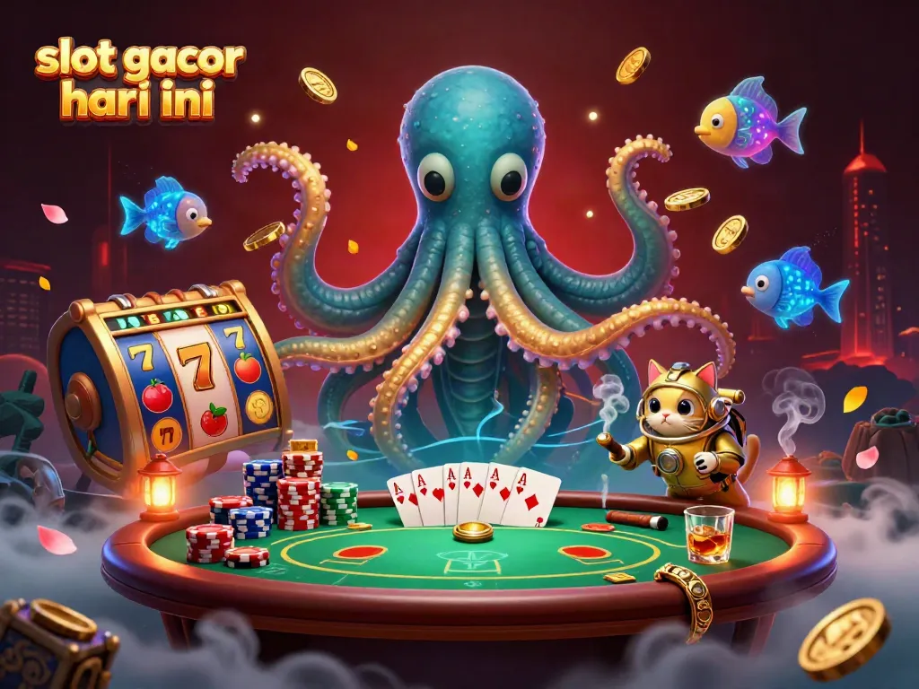 Experience the excitement of slot gacor hari ini with a cartoon kraken and diving cat amid colorful slot reels.