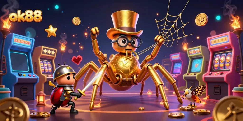 Engage with the vibrant world of ok88, featuring a golden tarantula, knight, and gaming elements.