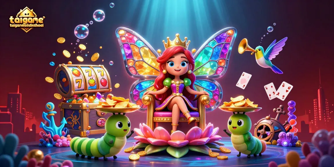 Engaging 3D illustration of taigamebaidienthoai, showcasing vibrant slot reels amid a magical casino scene.