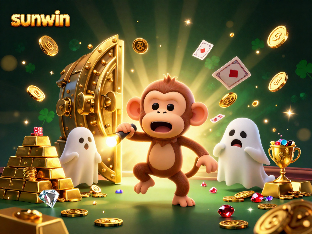 Experience the thrill of sunwin with a playful poltergeist monkey juggling gold and a curious puppy tracking it in a vibrant casino.