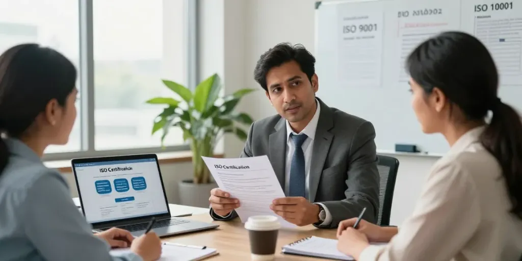 ISO Certification in Pakistan discussion with consultant reviewing standards documents in an office setting.
