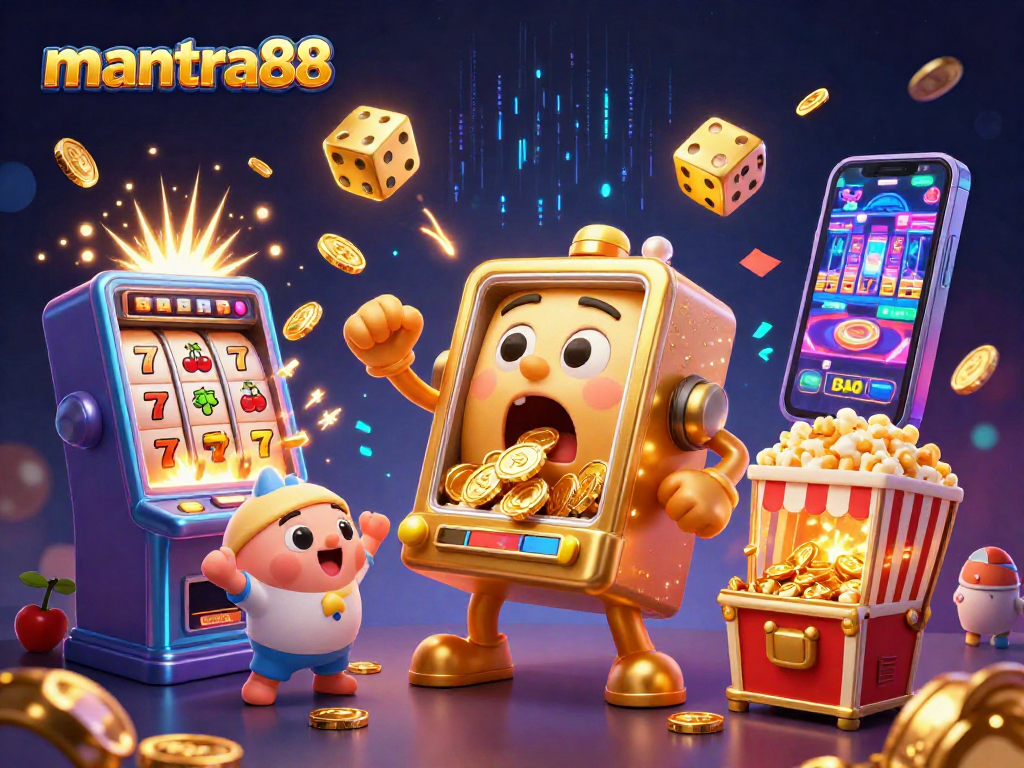 Experience the thrill of mantra88 with a golden slot machine celebrating its jackpot win amid cheering companions.