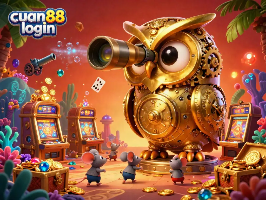 Experience the action at cuan88 login with a vibrant casino scene full of lively characters and treasures.