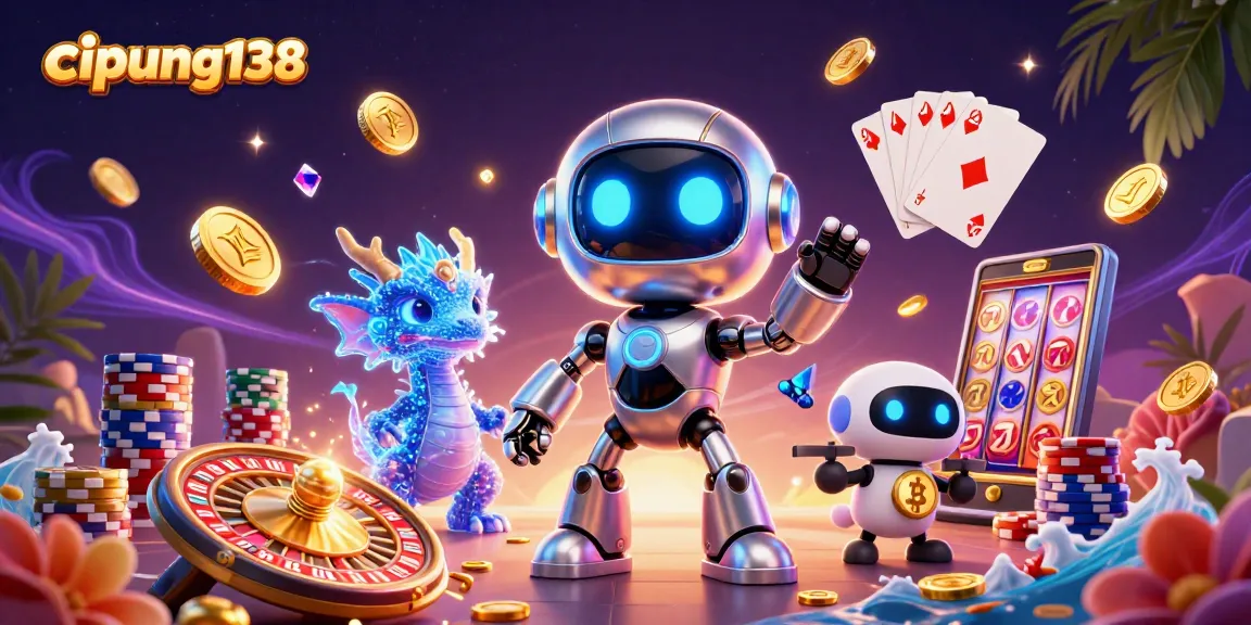 Experience the thrill of cipung138 with a vibrant 3D casino illustration showcasing robots, coins, and games.