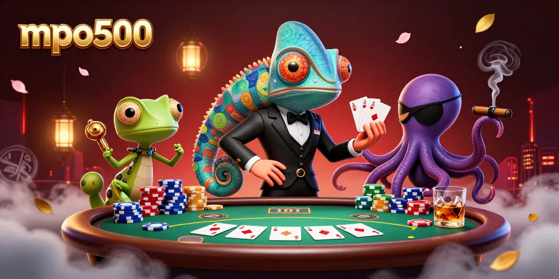 Engage with mpo500 as a sleek chameleon, tech gecko, and octopus play poker in a vibrant, energetic casino scene.