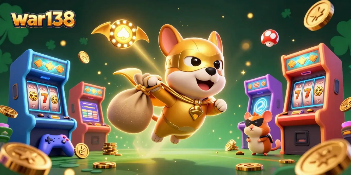 Engage in thrilling arcade action with war138's superhero dog and hamster amidst vibrant casino visuals.