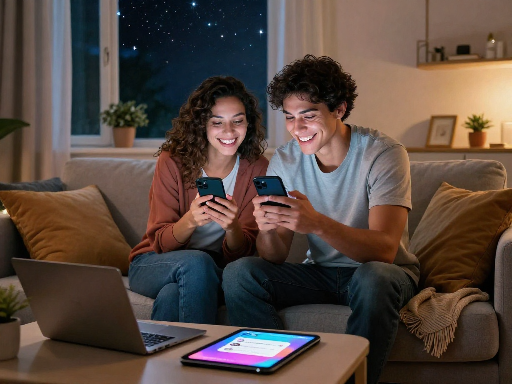 Couple engaging in AI sexting and playful digital conversation on smartphones in a cozy living room.