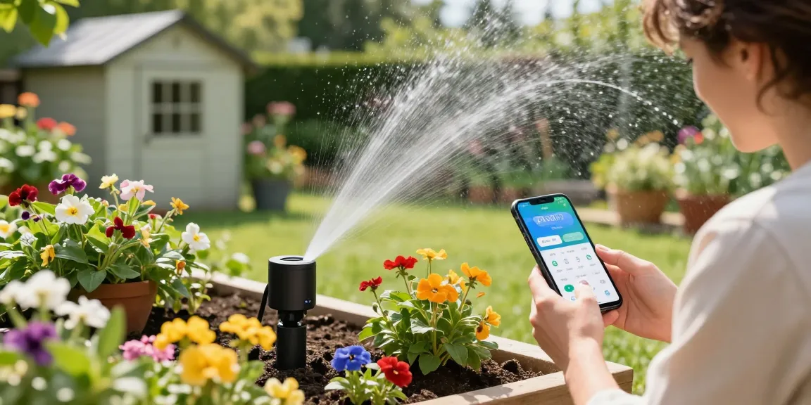 Efficient garden watering with a smart sprinkler system and moisture tracking app in use.