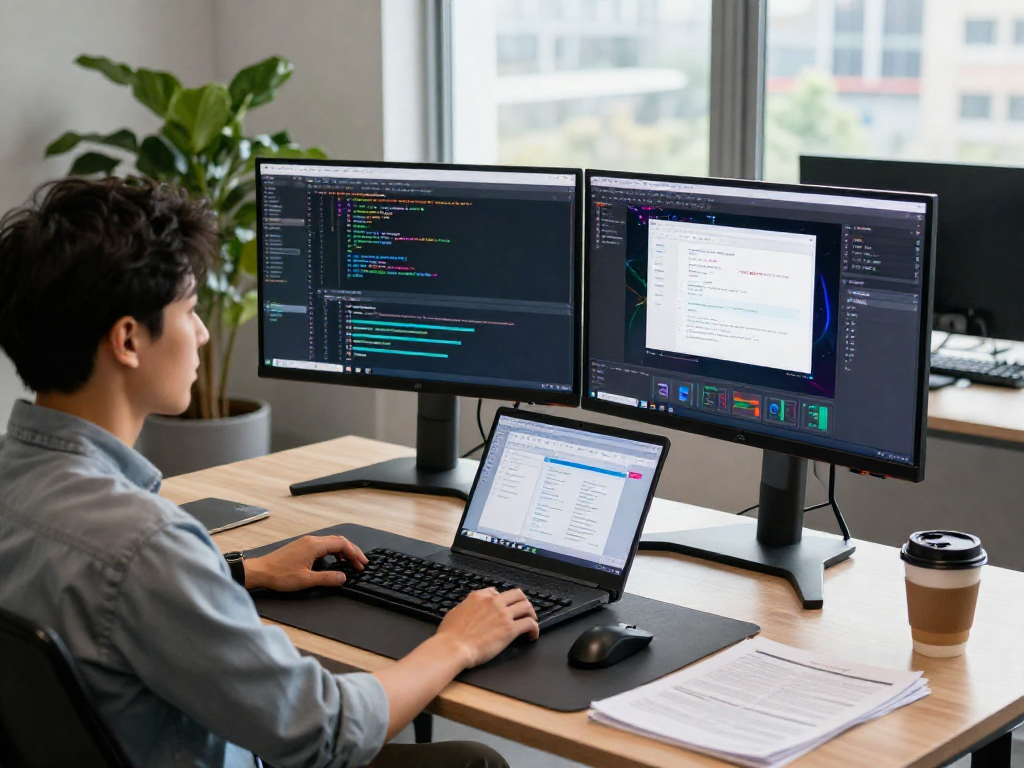 Desarrollador trabajando en Immediate Edge en un moderno espacio de oficina, con pantallas de código y ambiente productivo.