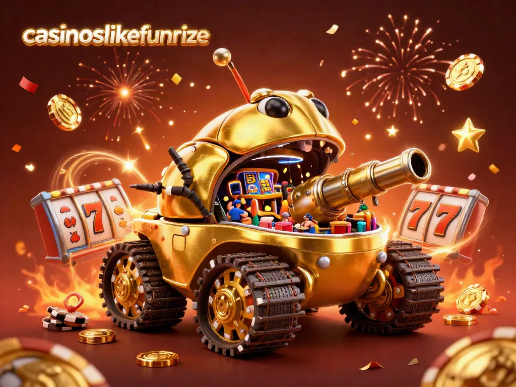 Experience the thrill of casinoslikefunrize with a vibrant 3D casino scene filled with slot reels and confetti.