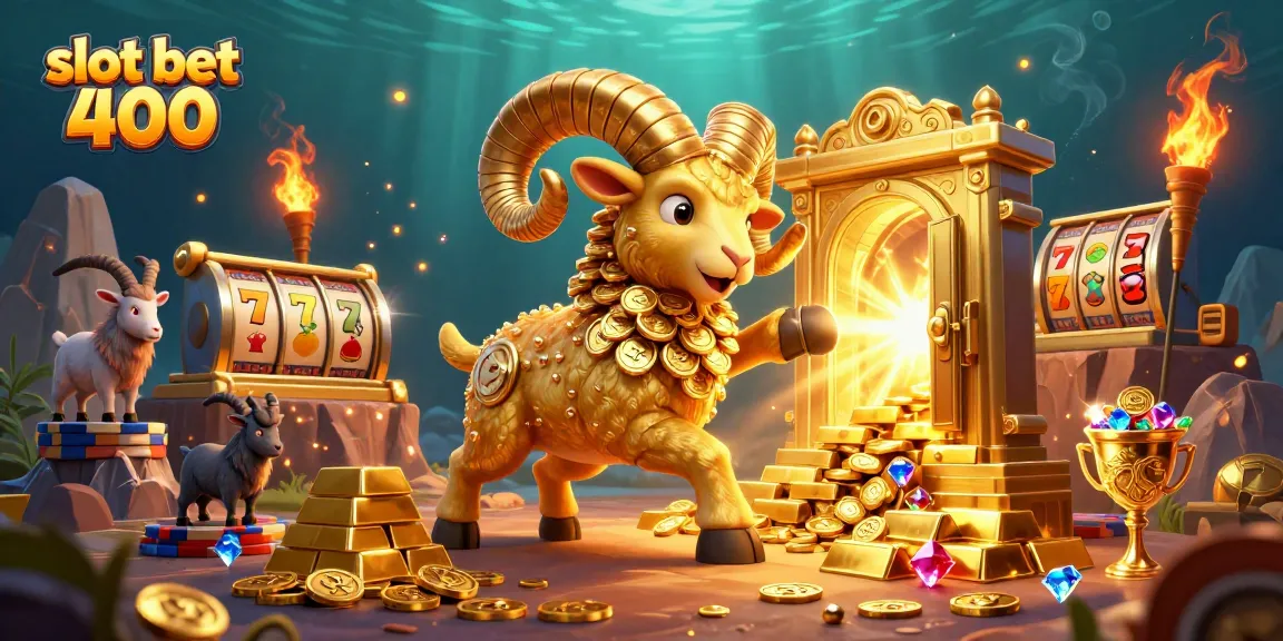 Experience the thrill of slot bet 400 with a golden ram charging through a treasure-filled casino.