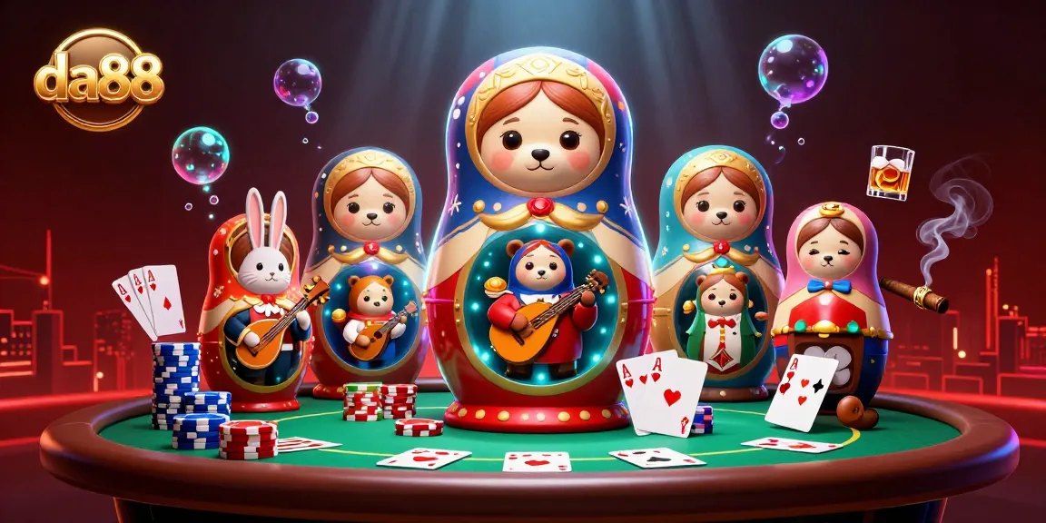 da88 showcases a vibrant, action-packed casino scene featuring cartoon bears and a serenading rabbit.