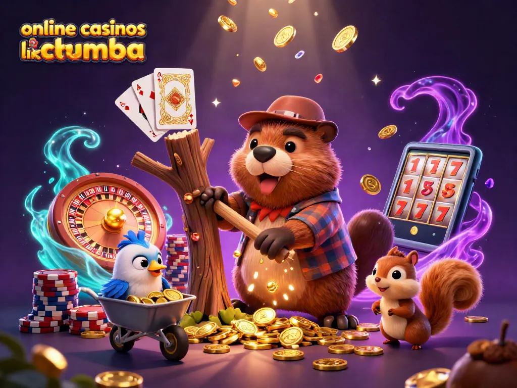 Engage in online casinos like Chumba with a vibrant scene of animated characters celebrating winnings among sparkling coins and casino elements.