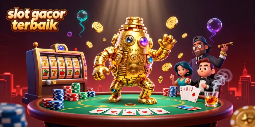 Slot gacor terbaik menampilkan ilustrasi 3D menarik dengan simbol slot, koin emas, dan meja poker.