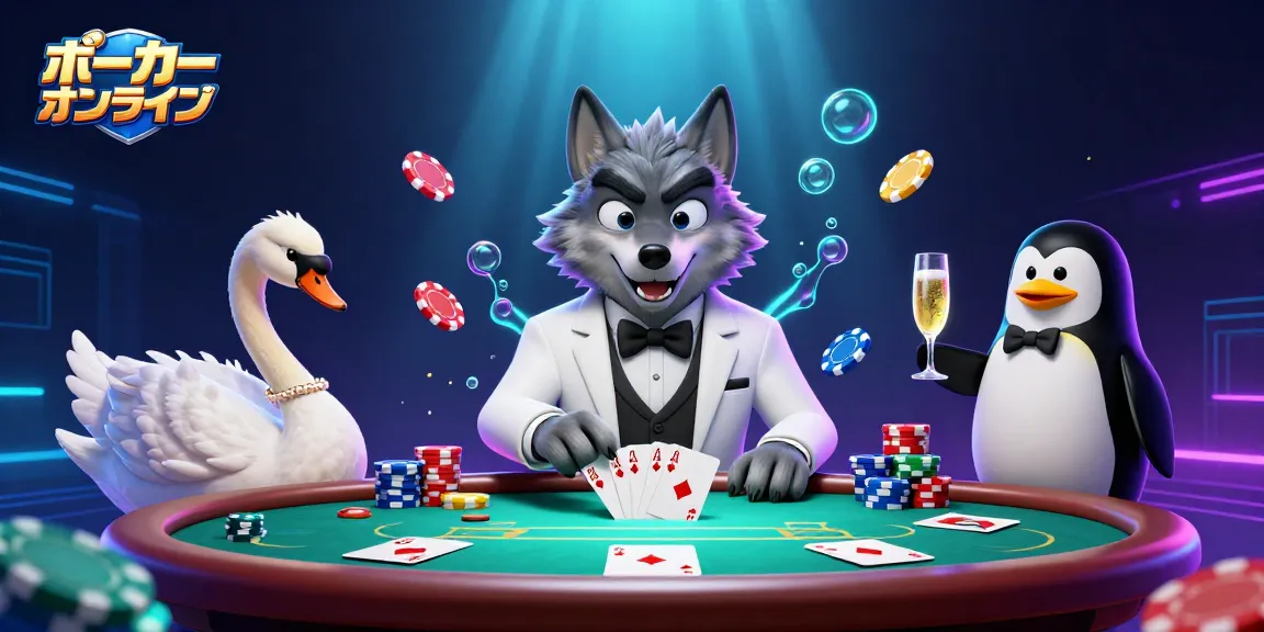 ポーカー オンラインで優雅なスワンがカードを配るシーンを楽しむ狼とペンギンのイラスト。