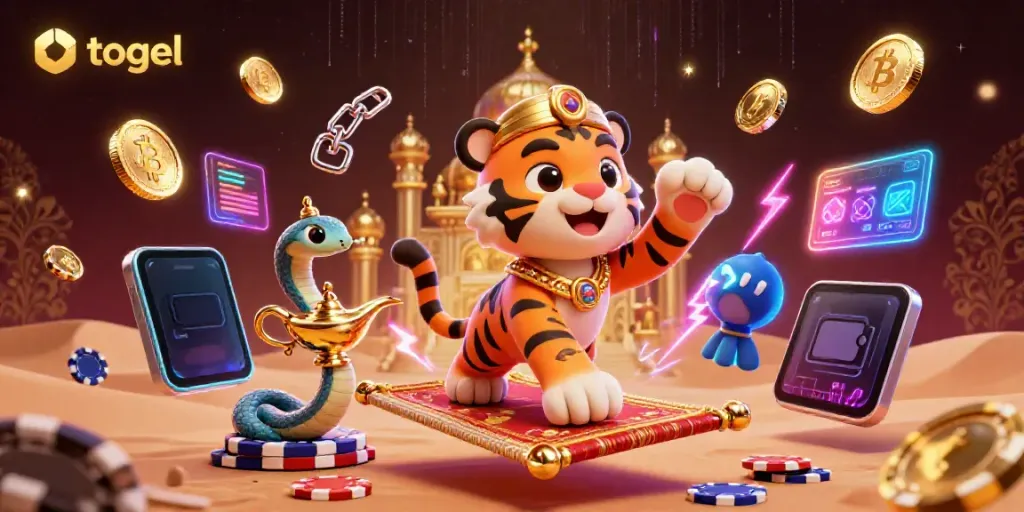 Experience the excitement of togel with a vibrant Arabian Nights-themed casino scene featuring unique characters and crypto elements.