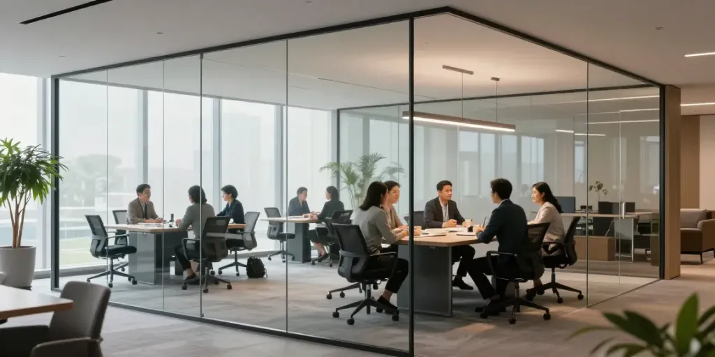 Modern office with glass partitions creating private workspaces, enhancing collaboration and productivity.