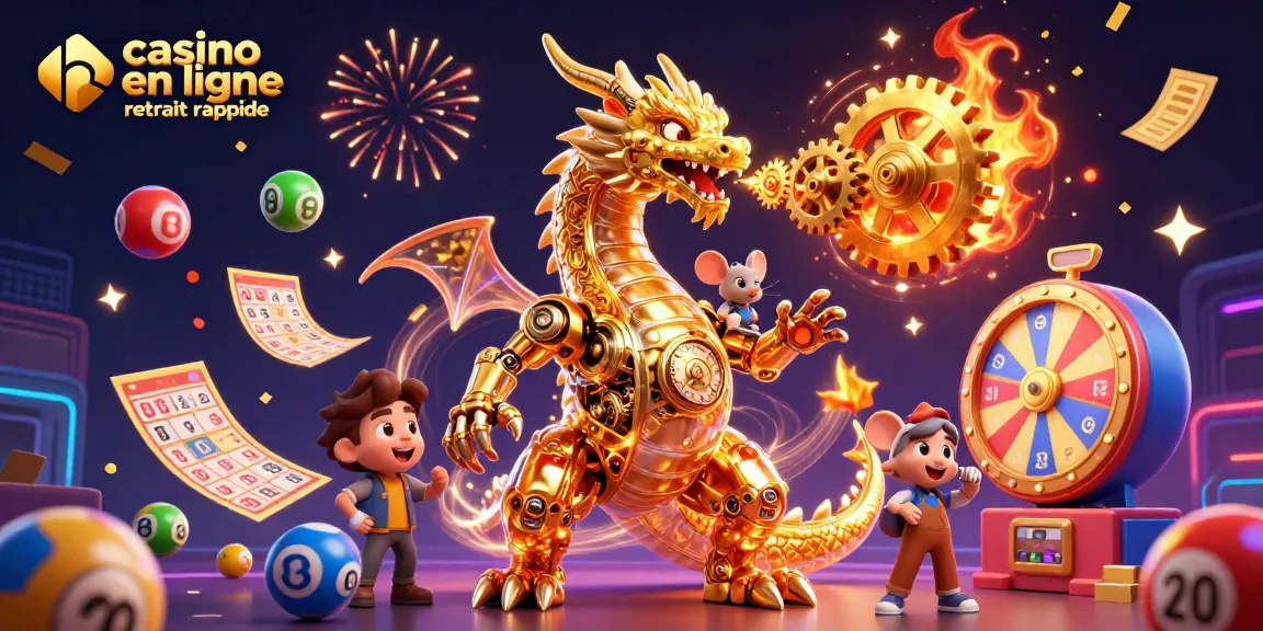 Jouer au casino en ligne retrait rapide avec un dragon doré et des éléments de loterie colorés.